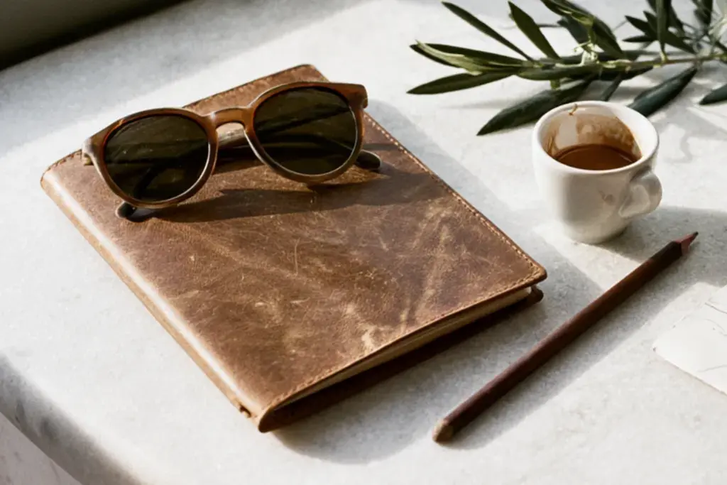 Leather travel journal and sunglasses for bespoke luxury itinerary planning by Time & Tide Travel
